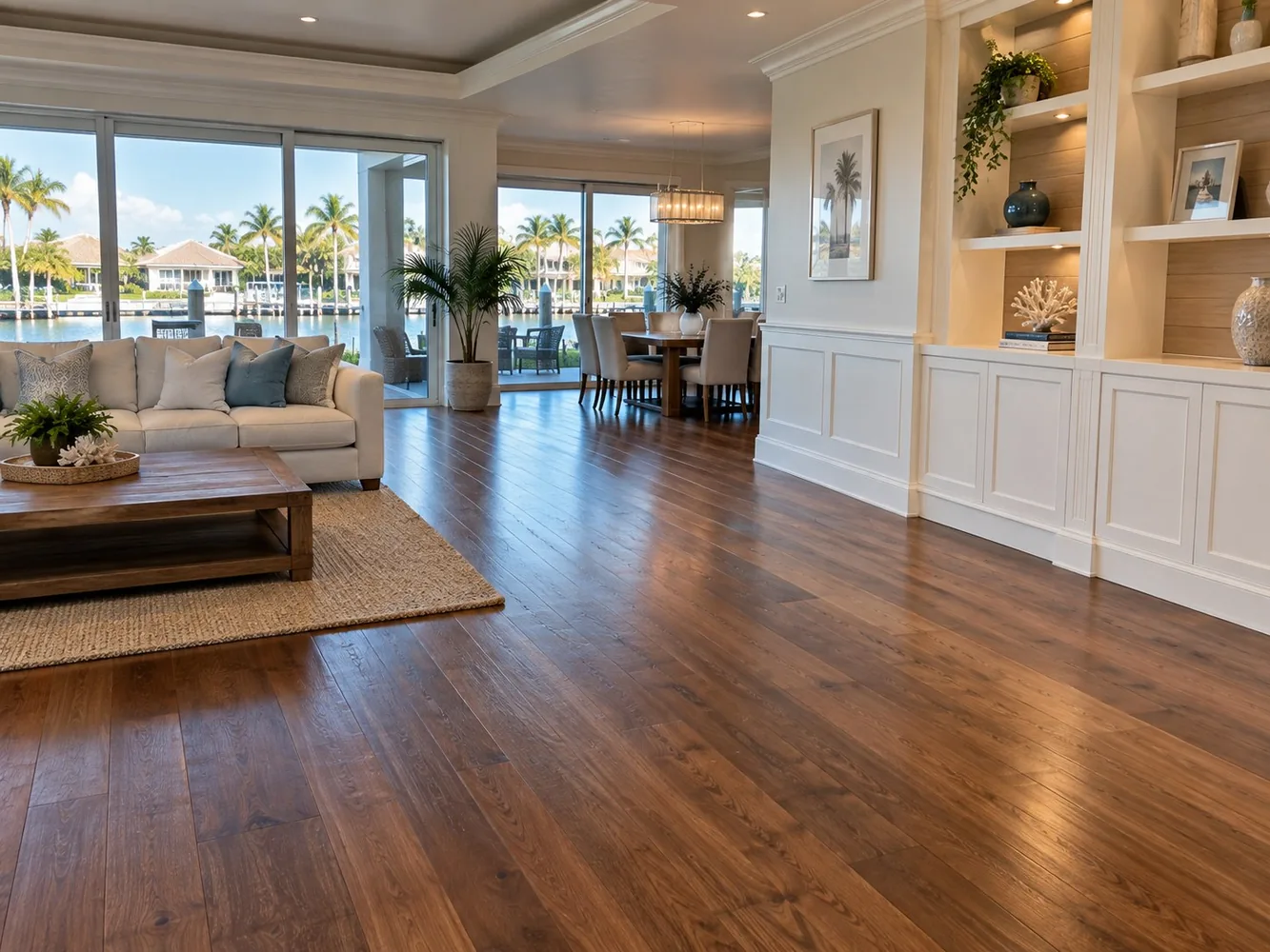 Restored hardwood flooring and millwork in a Las Olas Isles canal-front residence after water extraction and structural drying